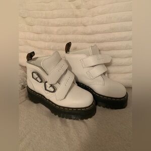 Dr. Martens white platform boot with heart buckle detail size 8